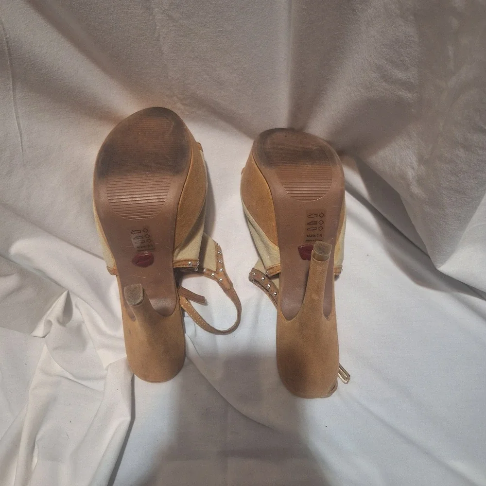 Promise Tan Suede Studded Platform Slingback Stiletto Heels Peep Toe Sandals 5.5